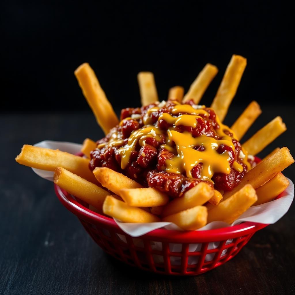 Chili cheese fries in a red basket