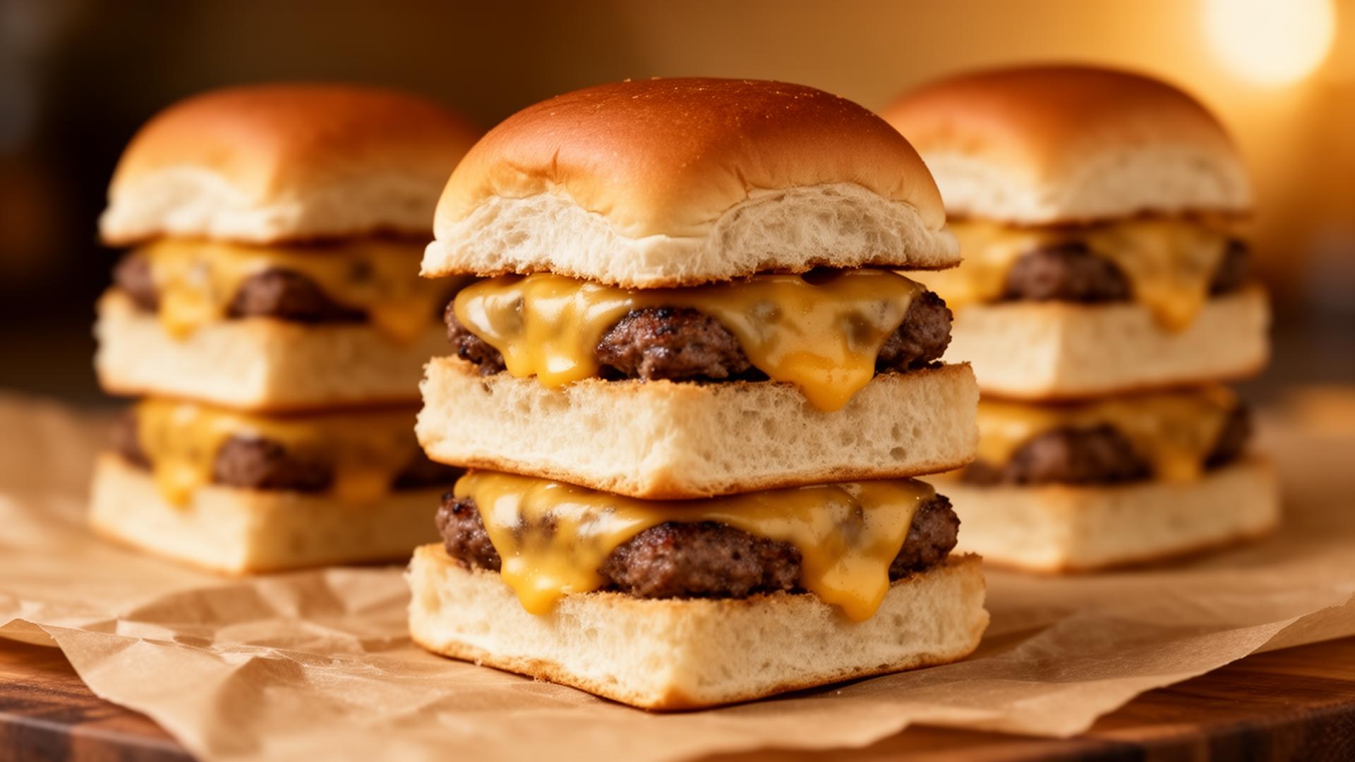 Stack of Krystal steamed sliders with melted cheese